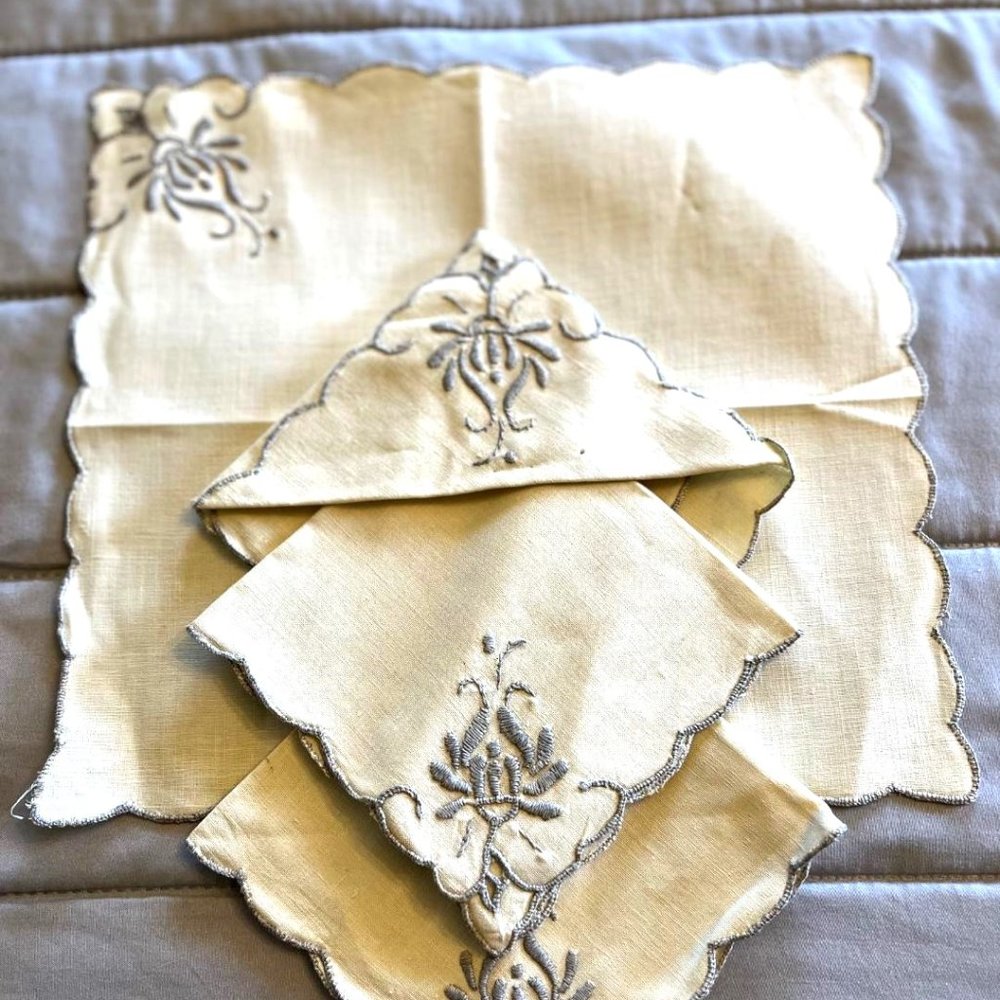 Vintage NOS Beige with Gray factory embroidery 10" Tea Napkins - set of 4